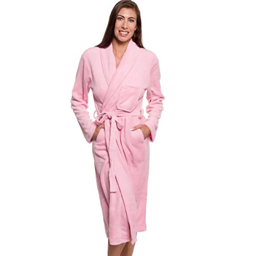 Silver Lilly Womens Robe - Plush Fleece Bathrobe Mid Length Robe Shawl Collar (Pink, Small-Medium)