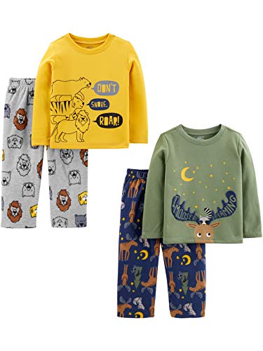 Simple Joys by Carter's Toddler Boys' 4-Piece Pajama Set (Cotton Top & Fleece Bottom), Gold Lion/Grey/Navy Reindeer Print/Olive Stars, 5T
