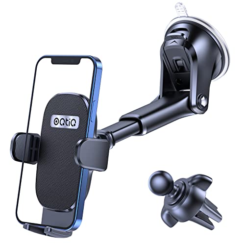 OQTIQ Car Phone Holder Windscreen Mount, Dashboard Phone Holder, Strong Suction Cup Phone Mount with Air Vent Clip, 360° Mobile Phone Holder for Car Window Windshield Compatible for iPhone Samsung