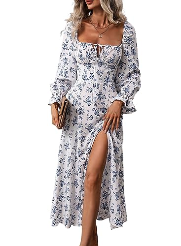 BLENCOT Casual Women's Square Neck Long Sleeve Split Thigh Dress Boho Floral Print A-line Tie Front Midi Dresses White M