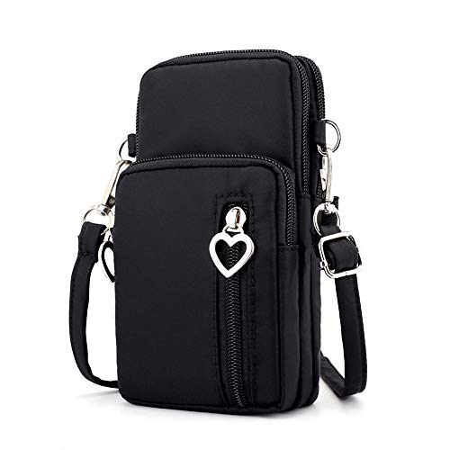 Women Nylon Cell Phone Purse Wallet Pouch Mini Crossbody Shoulder Bag Zip Handbag with Card Pocket (Black)
