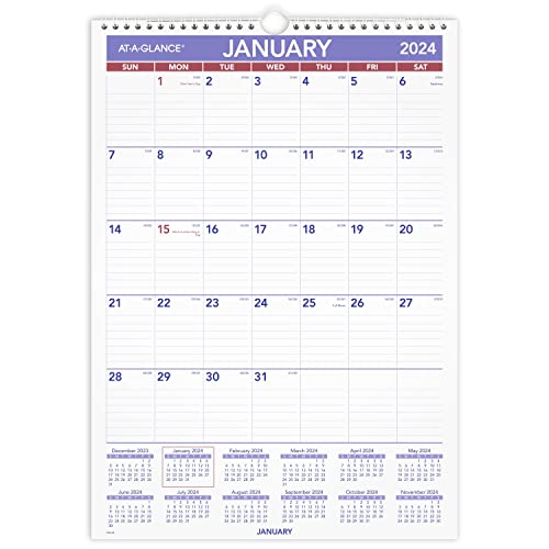 AT-A-GLANCE 2024 Wall Calendar, 12' x 17', Medium Tall, Spiral Bound, Monthly (PM22824)