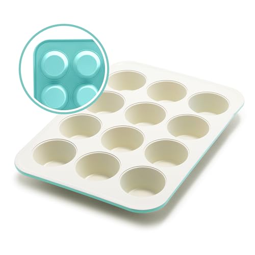 GreenLife Bakeware Healthy Ceramic Nonstick, 12 Cup Muffin and Cupcake Baking Pan, PFAS-Free, Turquoise