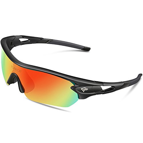 TOREGE Polarized Sports Sunglasses for Men Women Cycling Running Driving Fishing Golf Baseball Glasses TR002 Upgrade(Black&Black Tips&Rainbow Lens)
