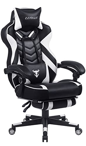 Zeanus Ergonomic Gaming Chair with Footrest Recliner Computer Chair with Massage High Back Office Gamer Chair Big and Tall Racing Game Chair for Adults Chair for Gaming White/Black