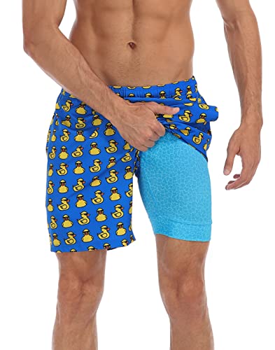 LRD Men's Swim Trunks with Compression Liner 7 Inch Inseam Quick Dry Swim Shorts Gangsta Ducks/Pool - L