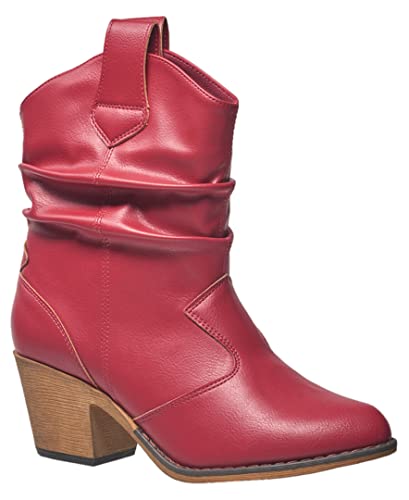 Charles Albert Modern Western Cowboy Boots for Women Ladies Stacked Heel Ankle Cowgirl Boots with Pull-Up Tabs in Red Size 9