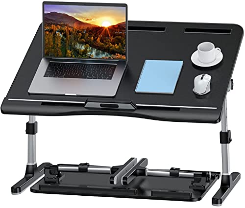 Laptop Bed Tray Desk, Adjustable PVC Leather Bed Table, Portable Laptop Stand with Foldable Legs for Bed Sofa Couch Floor (No Drawer,Black)