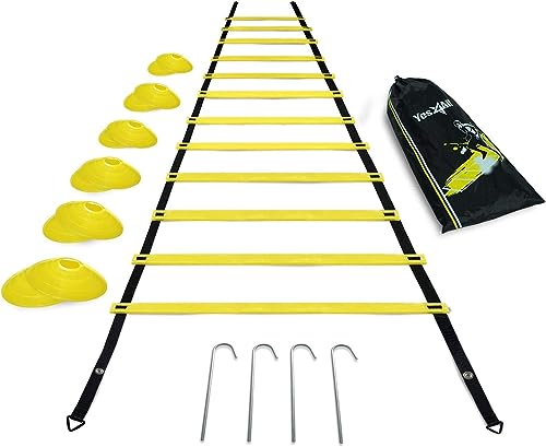 Yes4All Ultimate Combo Agility Ladder Training (Yellow) Set – Speed Agility Ladder Yellow 12 Adjustable Rungs, 12 Agility Cones & 4 Steel Stakes - Included Carry Bag