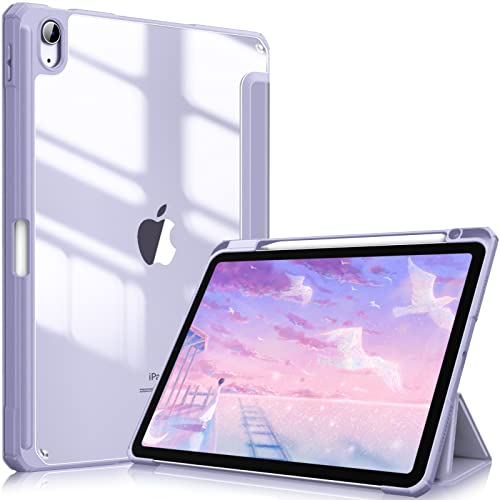 Fintie Hybrid Slim Case for iPad Air 5th Generation (2022) / 4th Generation (2020) 10.9 Inch - [Built-in Pencil Holder] Shockproof Cover with Clear Transparent Back Shell, Lilac Purple
