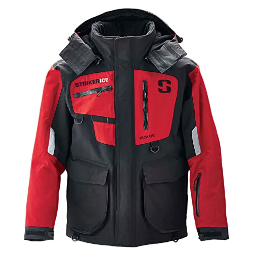 STRIKER Men's Climate Durable Windproof Water-Resistant Insulated Outdoor Ice Fishing Jacket with Removable Hood & Sureflote Flotation Technology, Black/Red, X-Large