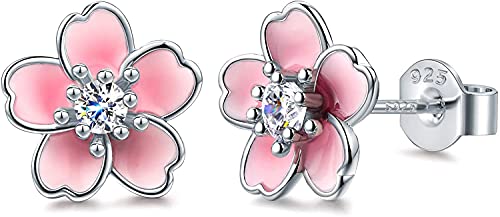 Pink Flower Earrings for Women, 925 Sterling Silver Stud Earrings, Cute Plumeria Earrings For Girl, Cherry Blossom Hypoallergenic Stud