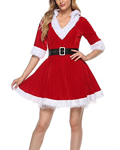 Women's Mrs. Claus Costume Cosplay Hooded Fluffy Layer Dress Long Sleeve Velvet with Belt for Christmas Fancy Outfits (A-Red, Large)