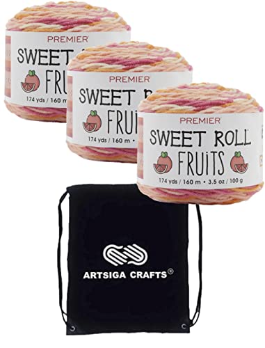Premier Yarns Sweet Roll Fruits Pink Grapefruit 2056-06 (3-Skeins - Same Dye Lot) Worsted Medium #4 Acrylic Yarn for Crocheting and Knitting - Bundle with 1 Artsiga Crafts Project Bag