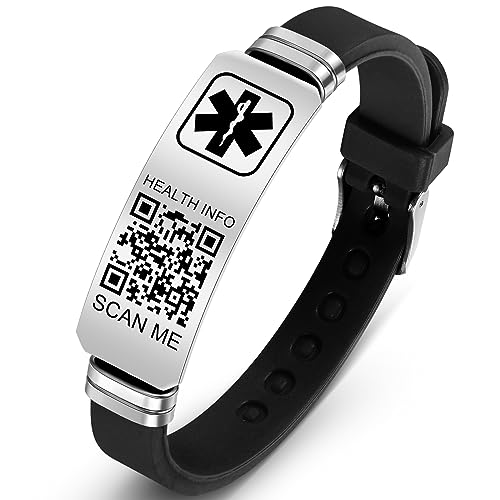 Theluckytag Medical Bracelets for Men Women with QR Code Medical Alert ID Bracelets Sport Boy Girl - Silicone Waterproof Wristband Fits Wrists Up to 9 inches - More Space Custom Emergency Medical ID Alert Information (Folding Buckle+Adjustable dial-Black-1)