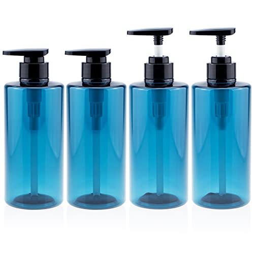 Kimqi Blue Pump Bottle 4 PCS 16 OZ Refillable Plastic Empty Bottles for Bathroom, Shampoo and Conditioner, Body Wash, Hand Wash,etc