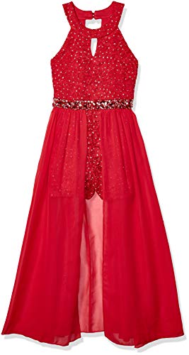 Speechless Girls' High Neck Romper Maxi Walk-Through Party Dress, Red Radiance, 14