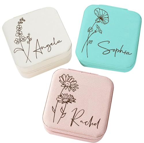 Corissy Personalized Jewelry Box for Women, Custom Travel Jewelry Case with Name and Birth Flower, Leather Jewelry Box for Rings, Earrings, Necklaces, Personalized Gifts for Women