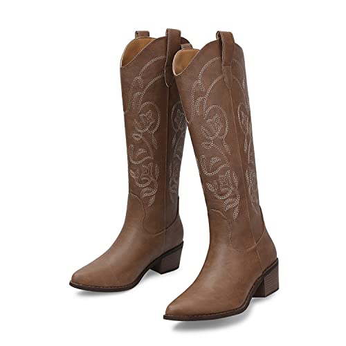 SHIBEVER Cowboy Cowgirl Boots for Women: Women's Knee-High Boots Wide Calf Tall Chunky Heel Embroidered Western Botas Tan 8
