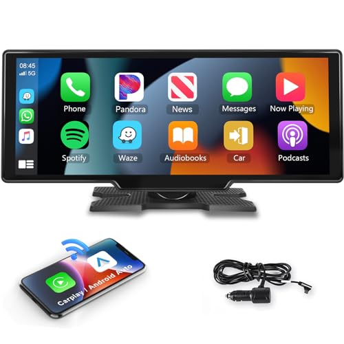 Podofo 10.26' Touchscreen Wireless Apple Carplay Portable Car Stereo Android Auto, Car Play Navigation with Voice Control, Bluetooth Handsfree Call/Music, AUX/FM Transmitter, Car Radio Receiver