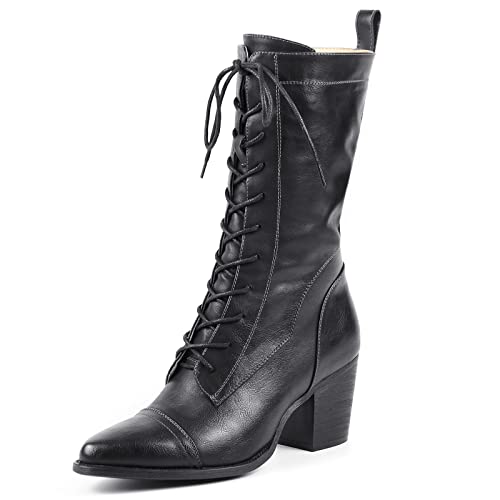 UTIKLIOU Combat Boots for Women with Mid Heel Lace up Mid Calf Boots Side Zipper (Black size 8.5)
