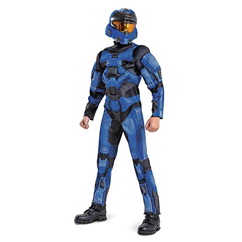 Halo Spartan Costume, Official Halo Blue Full Spartan Armor Muscle Jumpsuit and Mask, Kids Small (4-6)
