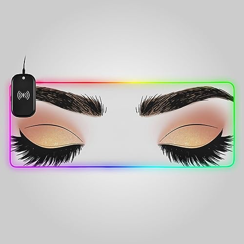 VIGTRO 15W Wireless Charging Pad, Gaming Mouse Pad 14 Light Modes RGB Pink Gold Glitter Eyeshadow, Makeup Closed Eyes Non-Slip Keyboard Mat for PC, Laptop 31.5x11.8in