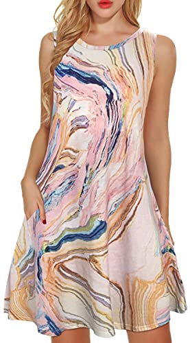 elescat Tie Dye Dresses for Women Summer Beach Sleeveless Sundress Pockets Swing Casual Loose Tshirt Dress(Pink Col,L)