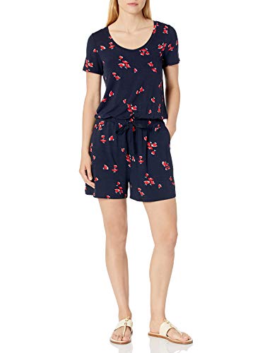 Amazon Essentials Women's Short-Sleeve Scoop Neck Romper, Navy Red Tulips, XX-Large