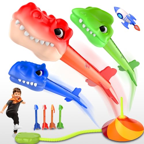 Dinosaur Rocket Launcher for Kids, 100ft Launch，Indoor/Outdoor Toy for Boys & Girls Birthday Gift，4 Colorful Dinosaur Rockets Toy for Kids Ages 3+