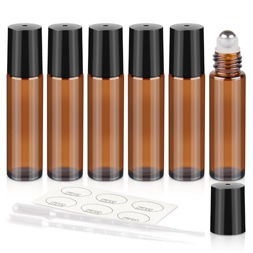 ZEJIA 10ml roller bottles for essential oils, 6 Pack Roll on Bottles, Amber Thick Glass Roller Bottles for Oils, with Stainless Steel Roller Balls, 2 Droppers