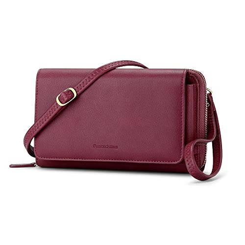 Peacocktion Women Crossbody Wallet Purse Credit Card Holder with RFID, Large Capacity Wristlet Clutch 2 Straps, Wine Red