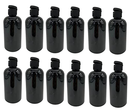 Natural Farms 8 oz Black Boston Plastic Bottles -12 Pack Empty Bottle Refillable - BPA Free - Essential Oils - Aromatherapy | Black Flip Top Snap Cap - Made in the USA