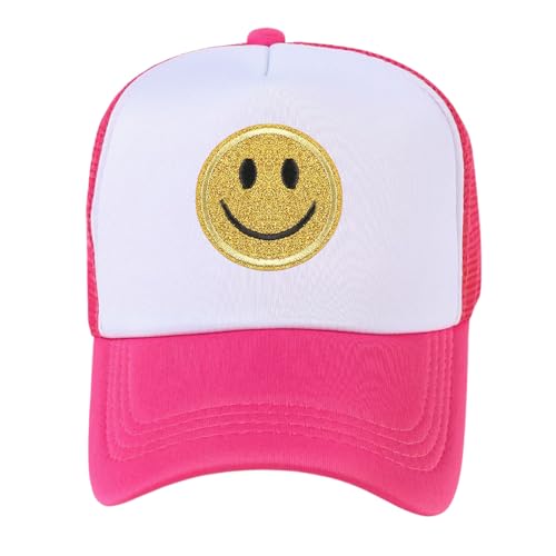 lycycse Smile Face Hat Womens Mesh Neon Trucker Hats with Sequins Smile Patch Preppy Hat Retro Baseball Cap