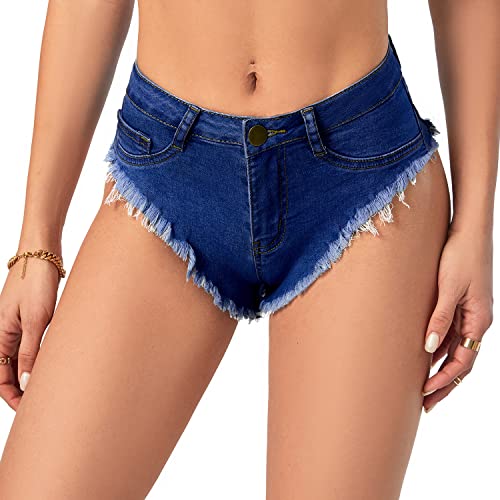 Oflive Women's Sexy High Waisted Stretch Mini Denim Shorts Hot Pants Clubwear, Dark Blue, Small