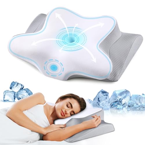 Neck Pillow Cervical Memory Foam Pillows, Cooling Contour Pillow for Neck Pain Relief, Ergonomic Orthopedic Bed Pillow for Side Back Stomach Sleepers with Breathable Pillowcase