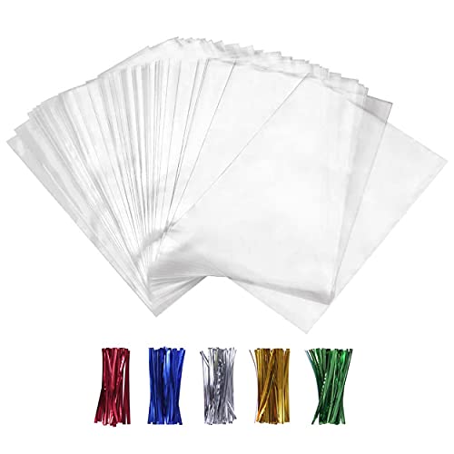 XLSFPY 100PCS Cellophane Bags Clear Plastic Cello Bags 4x6 with 4' Twist Ties 5 Mix Colors - 1.4 mils Thick OPP Treat Bags for Gift Wrapping Packaging Decorations Storage (4'' x 6'')
