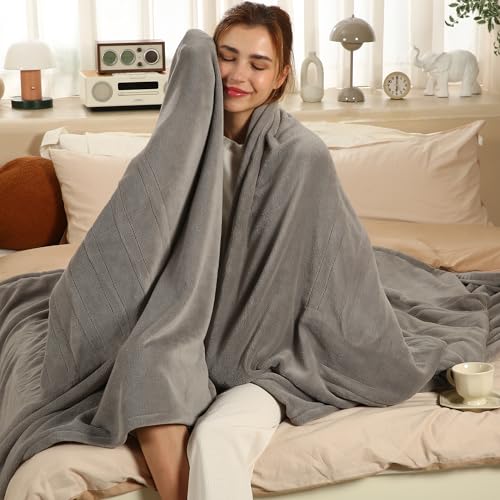 ESTINGO Heated Blanket Twin Size, Fast Heating Blanket with Extremely Cozy Plush, Electric Blanket with 5 Heating Levels & 10 Hours Auto Off for Bedroom Office Couch, 62'x84', Light Gray