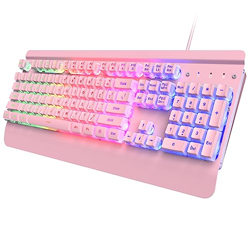 Pink Gaming Keyboard, 104 Keys All-Metal Panel, Rainbow LED Backlit Silent Creamy Keyboard, Wrist Rest, PBT Keycap, Anti-ghosting Keys, Light Up USB Wired Computer Keyboard for PC Mac Xbox