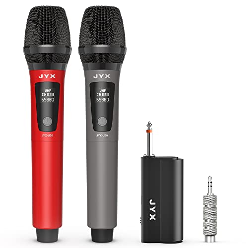 JYX Wireless Microphones, Dual UHF Handheld Dynamic Mic with Receiver, 6.35mm(1/4') Output,3.5mm (1/8') Adapter,160ft Range, Metal Rechargeable Karaoke Microphones for Party, Wedding, Class, Speech