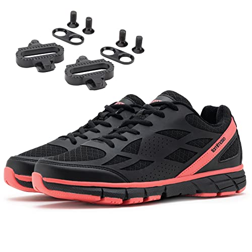 Tommaso Venezia Pre-Installed SPD Cleats Spin Shoes Women Indoor Cycling Shoes Women, SPD Cycling Shoes Women, SPD Shoes Cycle Shoes Spinning Shoes, Cycling Bike Sneakers - Black/Rose - SPD - 37