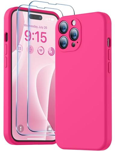 BossKiss Compatible with iPhone 14 Pro Case, Silicone Upgraded [Camera Protection] [2 Pcs 9H Screen Protector], Soft Anti-Scratch Microfiber Lining Inside, 6.1 inch, Hot Pink