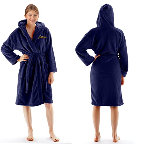 BC BARE COTTON Personalized Name Custom Kids Microfiber Fleece Hooded Robe - Girls - Navy Blue - Large