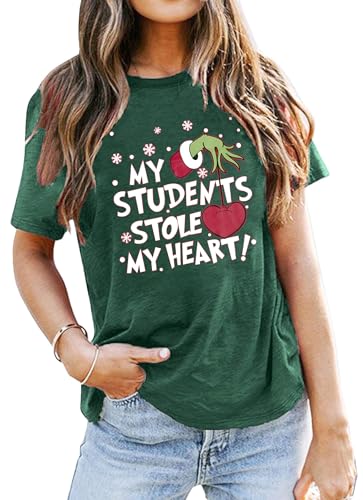 Christmas Teacher Shirt Women My Students Stole My Heart Christmas Shirt Merry Christmas Top Graphic Teacher Gift Shirts Green