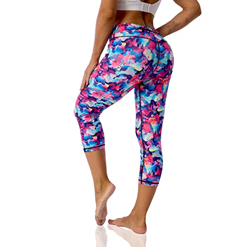 UIUO-UIPEU Yoga Capri Leggings for Women Tummy Control Leggings with Pockets Printed Workout Capris Crazy Collage Medium