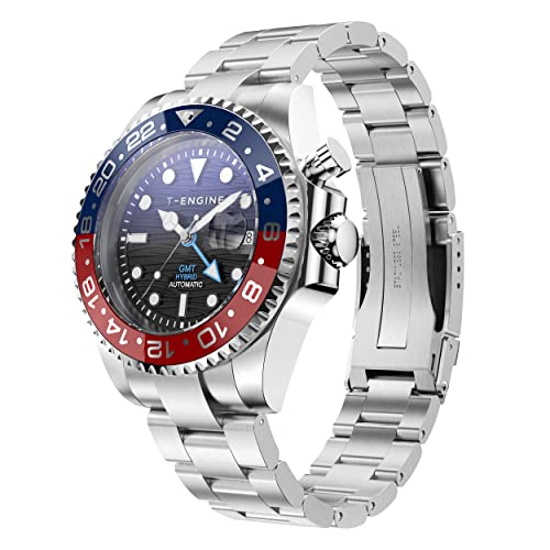 T-ENGINE GMT Watches for Men with 10 ATM Waterproof, Dual Time Track Automatic Charged Wrist Watch, Stainless Steel 43mm Quartz Watch for Men
