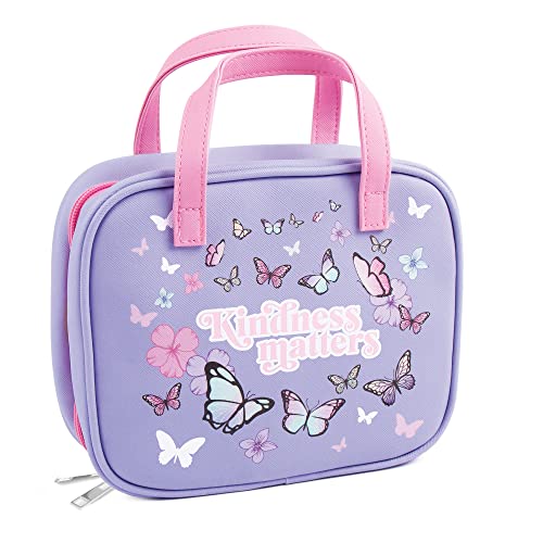 Three Cheers for Girls - Butterfly Away Kids Travel Toiletries & Cosmetic Set w/TSA Approved Travel Bottles, Girls Lip Gloss, Kids Nail Polish & More - Girls Makeup Bag, Travel Bottles for Toiletries