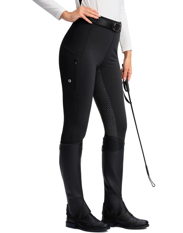 SANTINY Women's Horse Riding Pants Zipper Pockets Silicone Full-Seat Breeches Equestrian Schooling Tights for Women (Black_M)