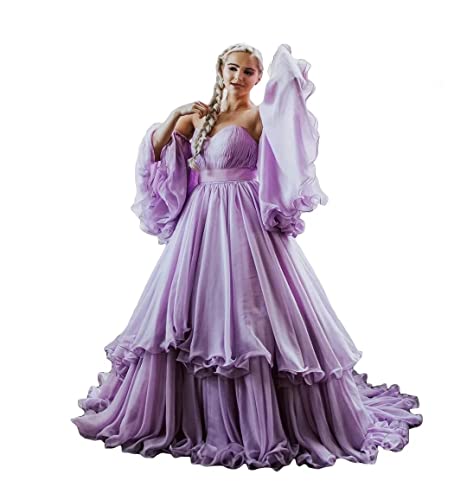 Asulla Women's Sweetheart Chiffon Prom Homecoming Dress Tiers Formal Evening Party Dress with Sleeves Lilac 6