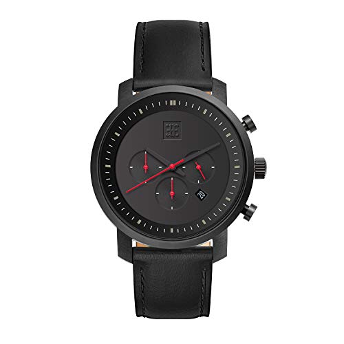 Ethan Eliot Chrono Minimalist Men's Watches, 45mm Black Watches for Men, Stainless Steel Black Case, Black Face & Genuine Black Leather Band, 5ATM Water Resistant Watch (EE45-B-B01BK)